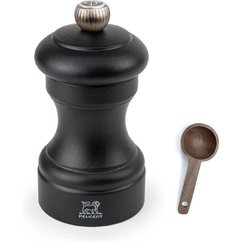 Peugeot Bistro 4 Inch Salt Mill Gift Set, Black Matte - With Wooden Spice Scoop - Black - 2 Piece