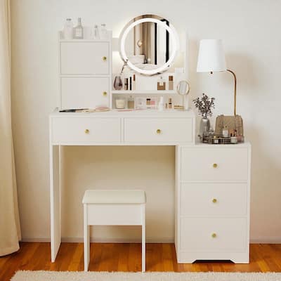 Modern Makeup Vanity Table with Mirror and Lights, Stool, Multi-Storage Drawers & Adjustable Brightness, White