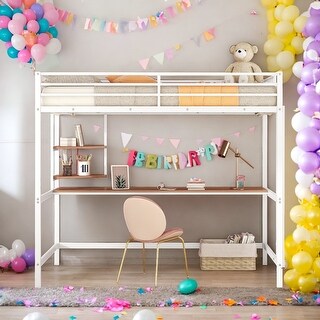 Full Metal Loft Bed with Desk and Shelve, White, Modern Style Loft Bed for Kids with Spacious Workstation and Bookshelf