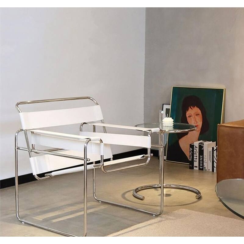 Momei Mid-Century Modern Saddle Leather Accent Chair with Stainless Steel Chair Leg - White