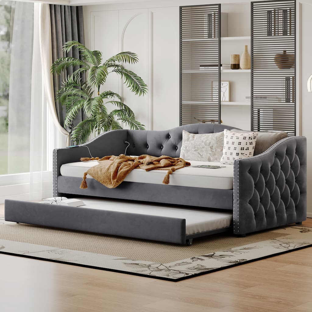 Twin Size Upholstered Daybed with Trundle, USB Charging, Wood Slat Support & Plush Velvet Fabric - Gray
