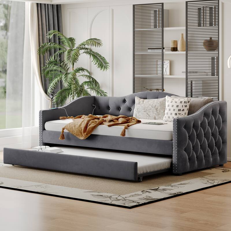 Twin Size Upholstered Daybed with Trundle and USB Charging Design, Sturdy Wood Slat Support, Wood Bed Frame,Plush Velvet Fabric - Gray