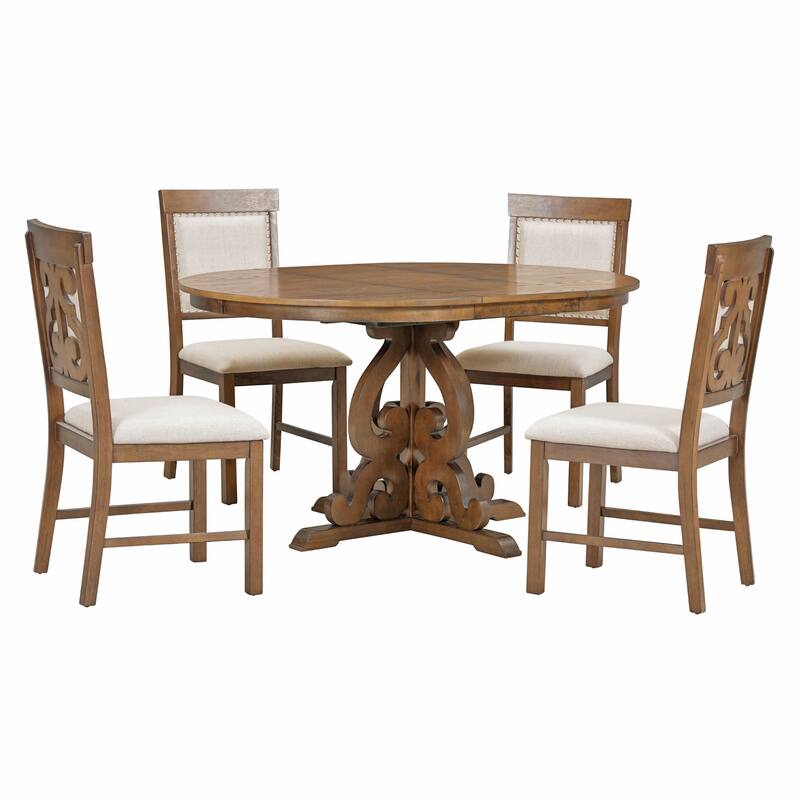 5-Piece Retro Extendable Dining Table Set with 16-Inch Leaf, 4 Chairs