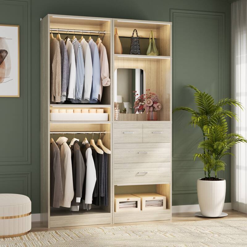 Cimly Set of 2 Free-standing Closet System with Drawers and Hanging Rods for Reach-in/ Walk-in Closet - Washed Oak