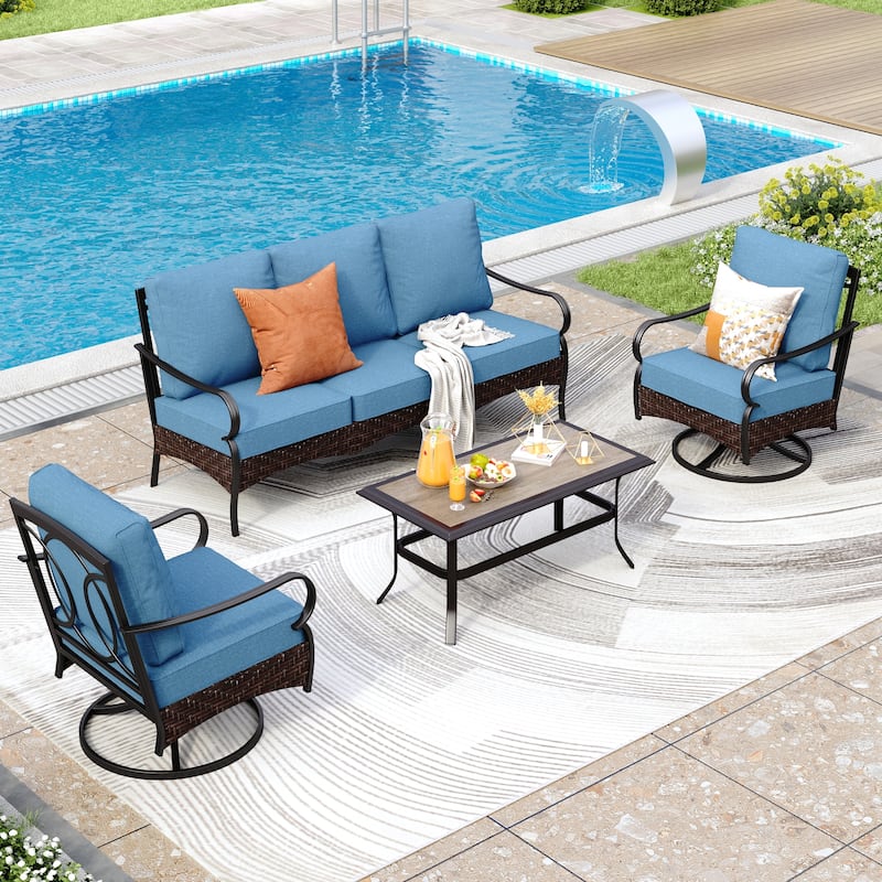 MAISON ARTS 4-Piece Rattan Wicker Patio Furniture Set with Swivel Chairs, Metal Frame & Coffee Table for Outdoor Spaces