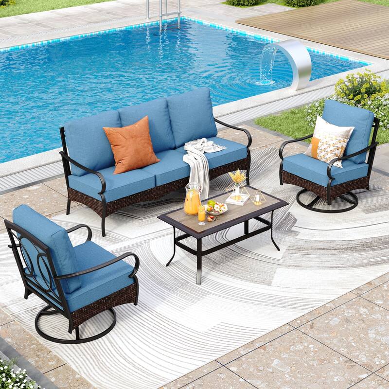 MAISON ARTS 4-Piece Rattan Wicker Patio Furniture Set with Swivel Chairs, Metal Frame & Coffee Table for Outdoor Spaces