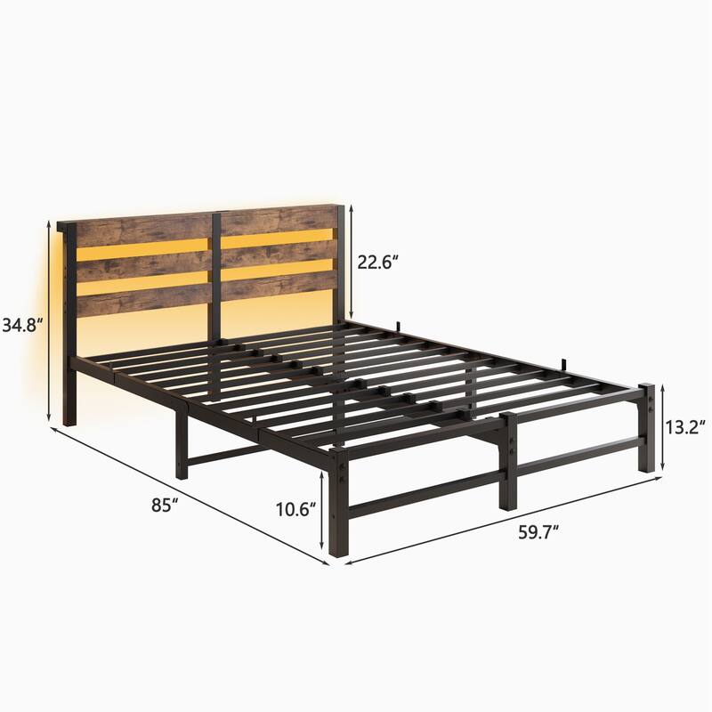 Queen Size Modern Metal Bed with Wooden Headboard, RGB Lights & Storage Shelf