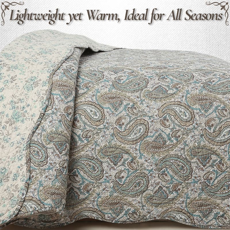 Cozy Line Aquamarine Turquoise Tan Brown Paisley 3 Piece Cotton Queen Quilt Bedding Set
