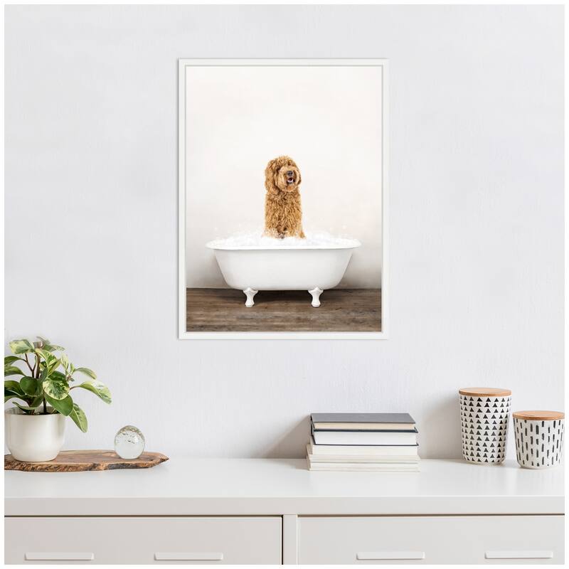 Kate and Laurel Sylvie Golden Labradoodle in Rustic Bath Style Framed Canvas by Amy Peterson