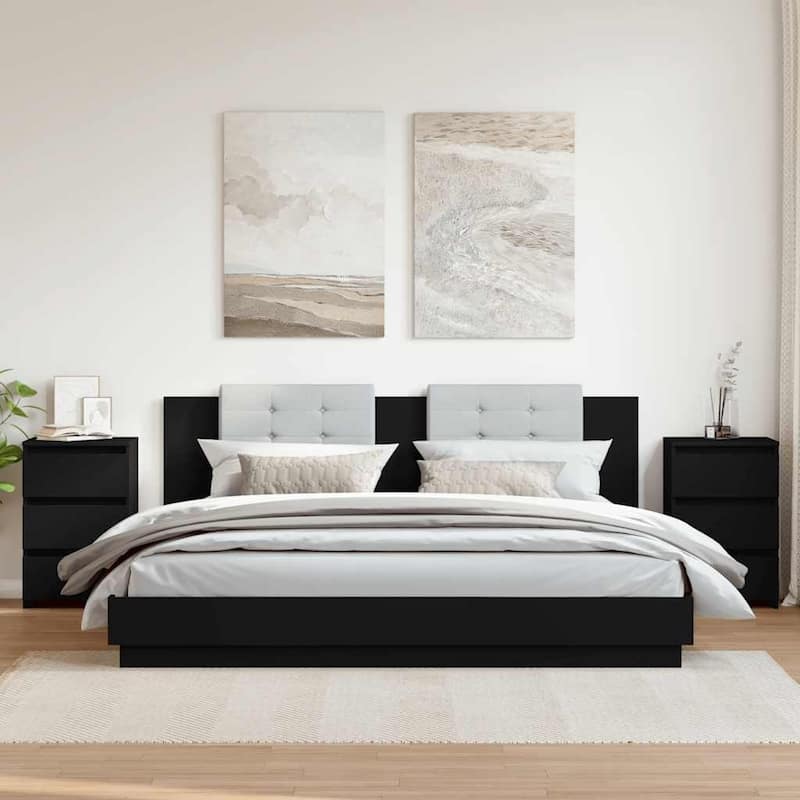 vidaXL Bed Cabinet Set of 2 Engineered Wood - Black-2/ Black - 3-drawer