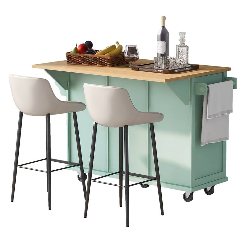 Rolling Kitchen Island with Drop-Leaf, Adjustable Storage, 5 Wheels, and 3 Drawers