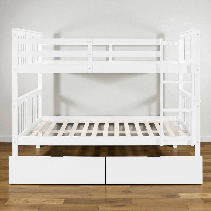 Twin Over Twin Bunk Bed with Ladder, Solid Wood Low Bunk Bed Frame with Guardrails, Space-Saving Design for Kids Bedroom