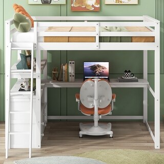 Full Size Loft Bed with Desk and Shelves, Two Built-in Drawers, White
