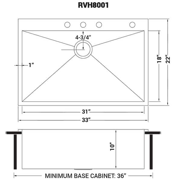 Ruvati 33 x 22 inch Dropin Topmount 16 Gauge Zero Radius Stainless