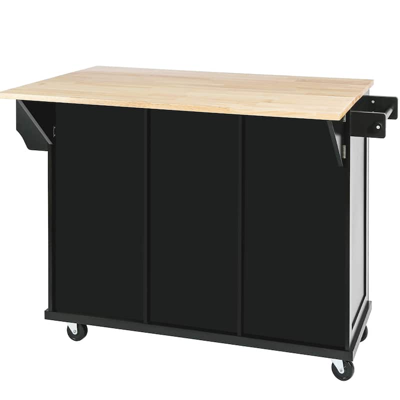 Mobile Kitchen Island Cart Cabinet with Cabinet Door Internal Storage Racks, 3 Drawers and Rubber Wood Drop-Leaf Countertop