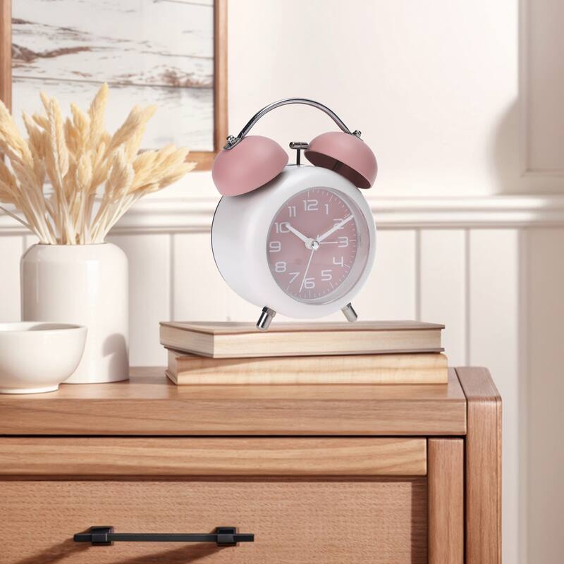 Old Fashioned Circle Loud Alarm Clock with Night Light Battery Operated for Heavy Sleepers Adults Teenagers 5.9 x 4.3 x 2 inch - Pink