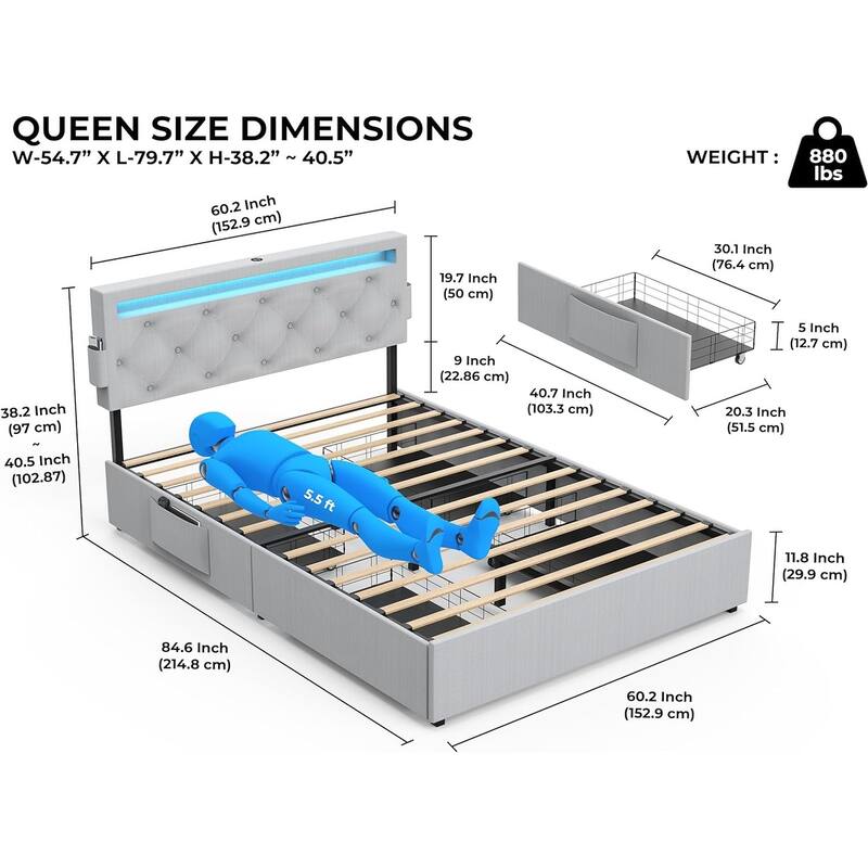 Bed Frame With Usb Charging Station & Led Lights