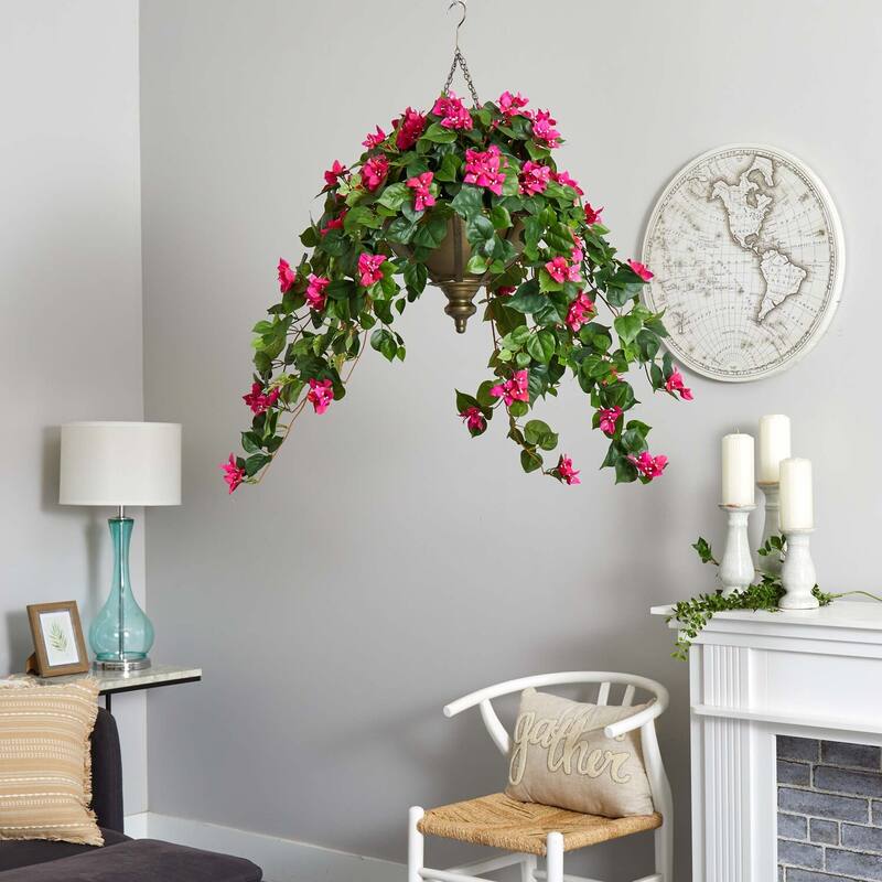 Retro Artificial Plant with Hanging Bowl - 37 Inch Indoor Decor - Pink