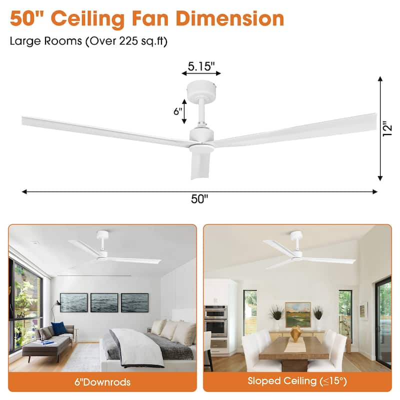 50" White Modern ABS 3-Blade Outdoor Ceiling Fan without Light