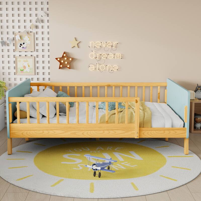 Kids Wood Platform Bed with Guardrails, Bottle Holder and 2 Hanging Rod, Convertible Toddler Daybed, Low Profile Design Frame