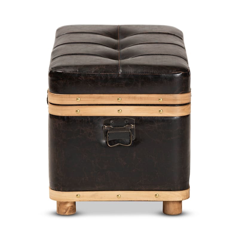 Gendry Modern Rustic Faux Leather and Wood Storage Ottoman Large