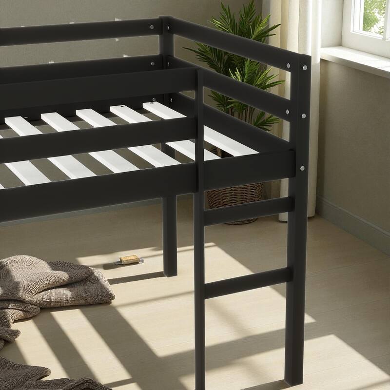 Solid Wood Twin Loft Bed with Ladder, Rubber Wood Frame Low Height Design with Guard Rails and Storage Space
