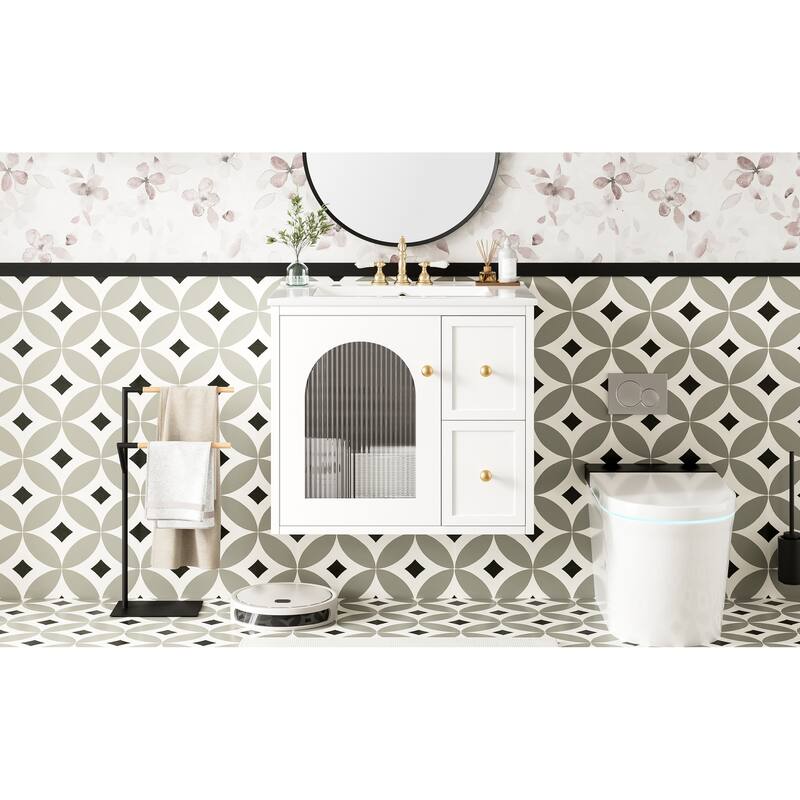 24" Bathroom Vanity Set Wall Mounted for Small Space, Bathroom Cabinet with Ceramic Sink, 2 Drawers and 1 Soft-Close Door