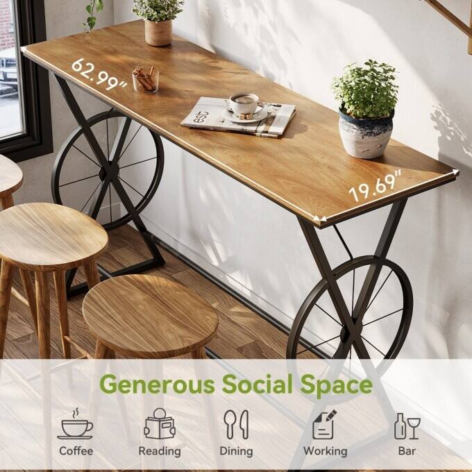 63" Counter Height Bar Table with Wheel-Design, High Pub Dining Table
