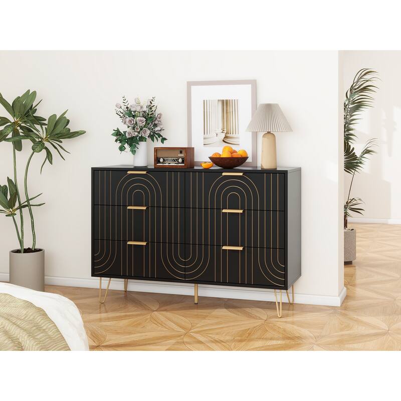 Contemporary 6-Drawer Dresser with Metal Handles and Carved Details for Living Room