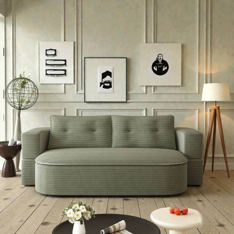 78.7 Inch Convertible Floor Sofa Bed, Plush Corduroy Sleeper Couch with Blanket and 2 Pillows, Deep Seat - Green