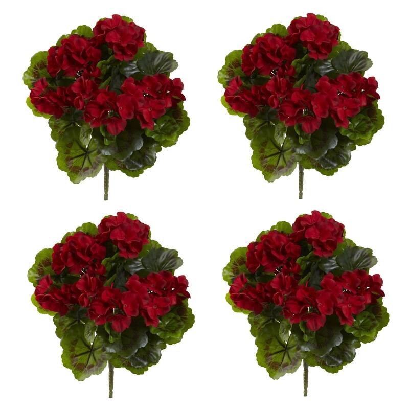 Set of 4 Red Artificial Geranium Flower Bushes 14"