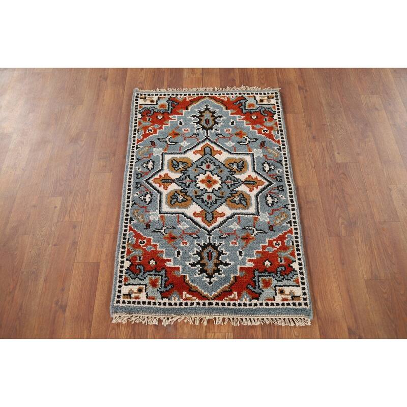 Geometric Blue Kazak Indian Foyer Rug Hand-Knotted Wool Carpet - 2'0" x 3'0"