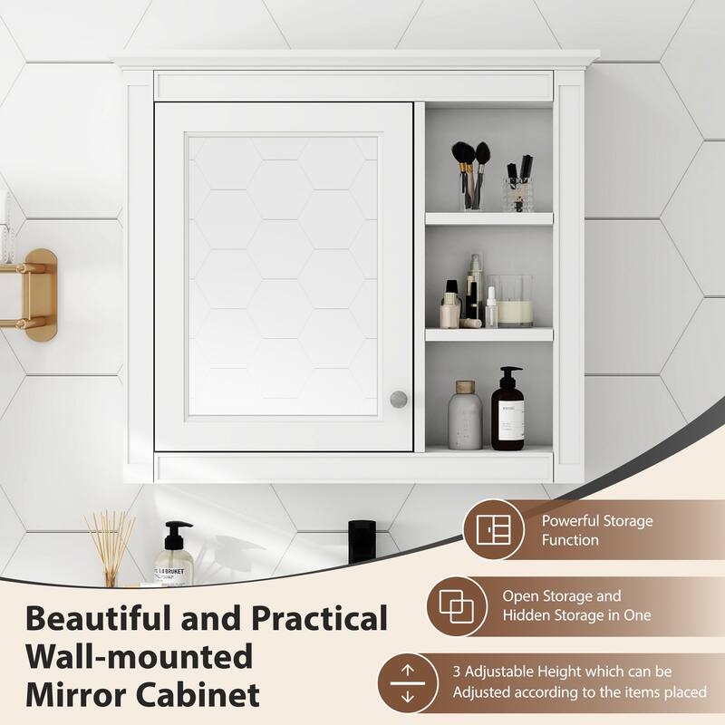 GDFStudio - Trellen Modern Wall-Mounted Bathroom Storage Cabinet with Mirror and 3 Open Shelves (No Bathroom Vanity) - 29.92"W