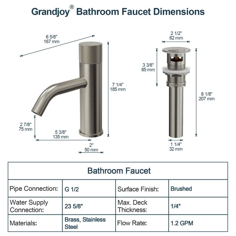 GRANDJOY Low-Arc Single Handle Vessel Sink Faucet with Pop-Up Drain, Compact Bathroom Design