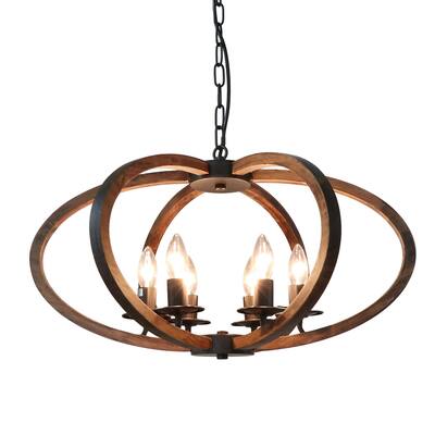 Anmytek 6 Light Wooden Kitchen Island Pendant Light Rustic Candle Style Hanging Light Fixture for Living Room Dining Room - N/A