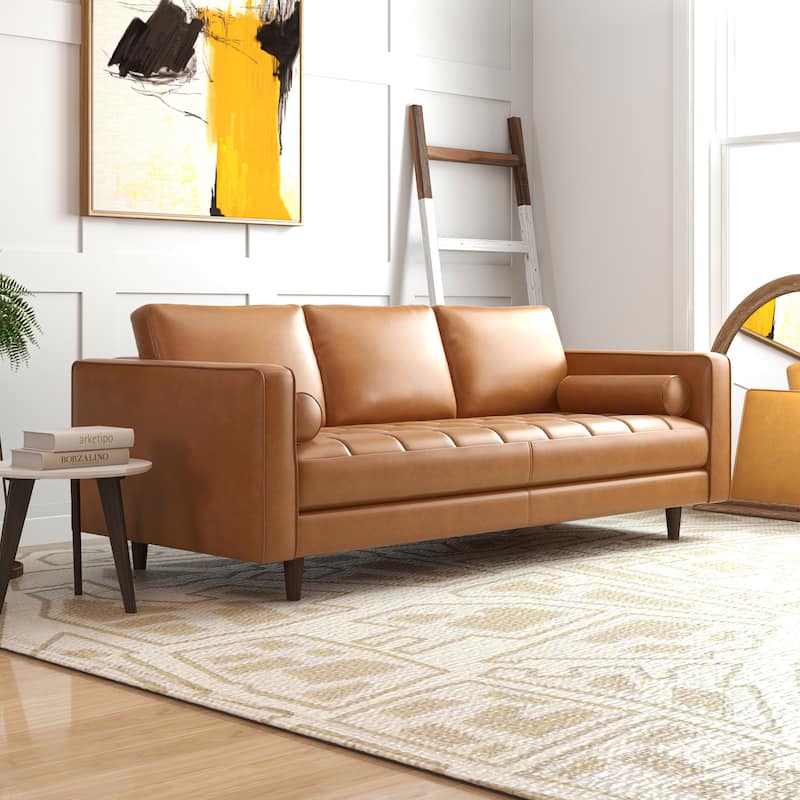 Thompson Mid-Century Modern Pillow Back Genuine Leather Sofa in Tan