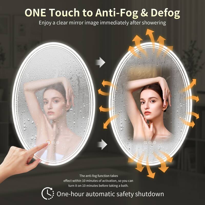 UL Certified Oval LED Bathroom wall Mirror, Anti-fog, 3-Color Dimmable