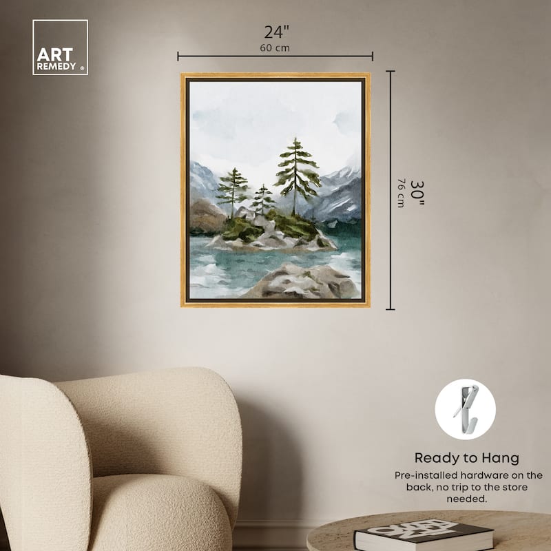 Art Remedy Cold Winter Lake Framed Landscape 1 Piece Canvas Wall Art Watercolor Style