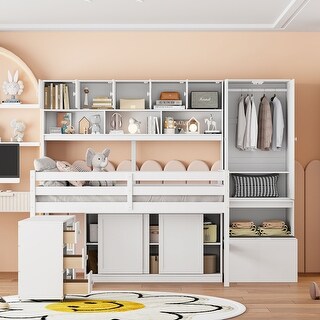 Full Size Wooden Loft Bed with Integrated Wardrobe, Under-bed Desk, and Shelves
