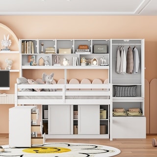 White Full Size Wooden Loft Bed with Integrated Wardrobe, Under-bed Desk, and Shelves