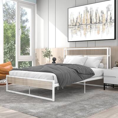 Full Size Metal Platform Bed Frame With Sockets, USB Ports and Slat Support,No Box Spring Needed