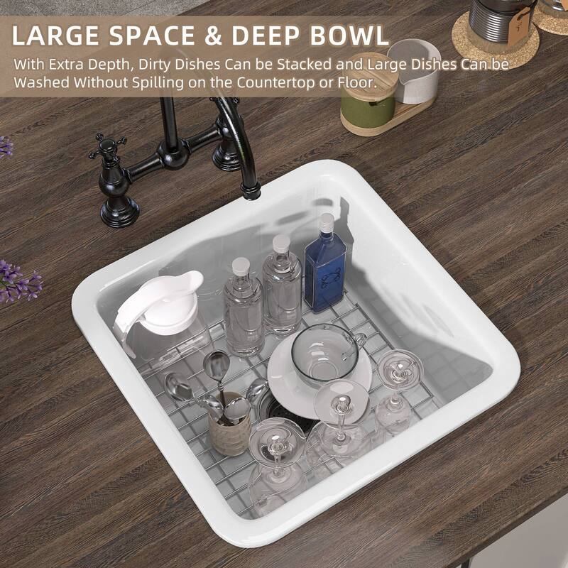18" L X 18" W Fireclay Single Bowl Drop-In Kitchen Sink Undermount Farmhouse Sink With Accessory