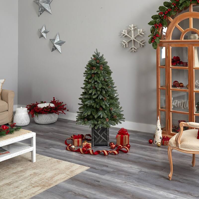 5Ft Flocked Artificial Christmas Tree with Lights - Holiday Decor, Pine Tree, Festive Tree, Indoor Tree - Green - 60