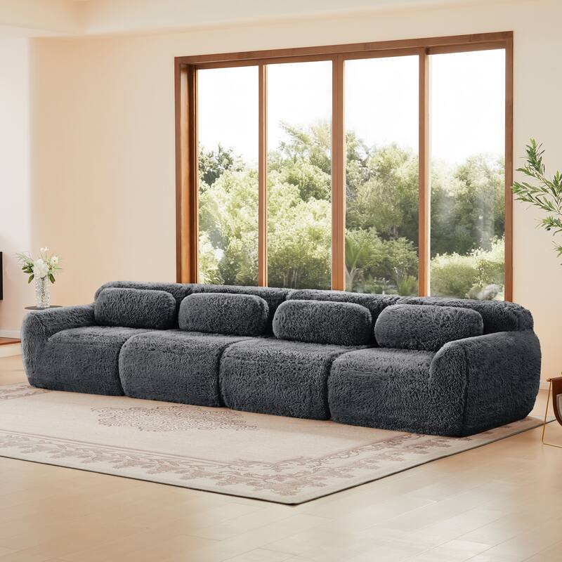 Roomfitters 114 Inch Modular Floor Sofa, Fluffy Plush Sectional with Ottoman, Chocolate