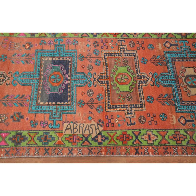 Hand Knotted Oriental 100% Wool Carpet Traditional Geometric Oranges & Rust Heriz Runner Rug - 8' 8'' X 3' 0''