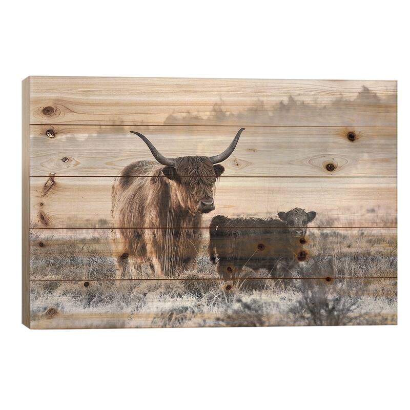 Highlander And Calf Print On Wood by Jaap Van Den - Multi-Color - 26x40x1.5