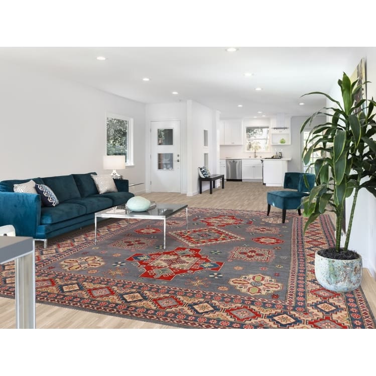 Hand Knotted Oriental 100% Wool Carpet Traditional Geometric Greys & Charcoal Kazak Area Rug - 13' 0'' X 9' 8''