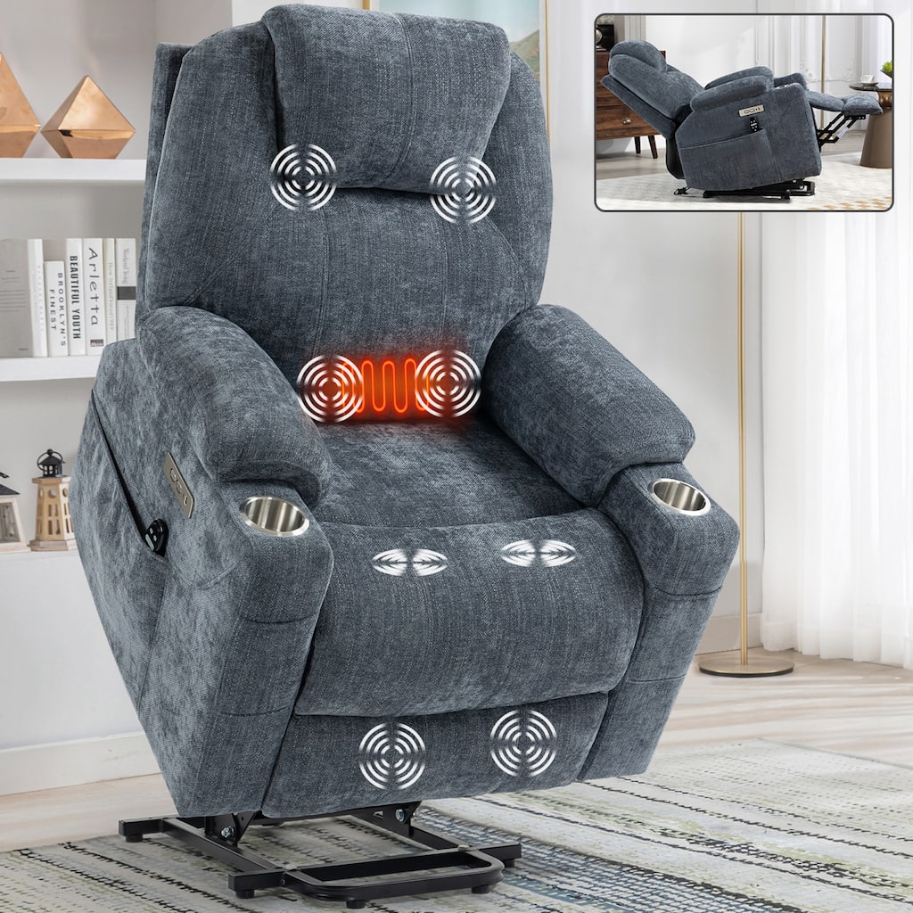 Roomfitters Power Lift Recliner Chair with Heat Massage USB C Charging Ports Heavy Duty Fabric Sofa with Cup Holders, Blue