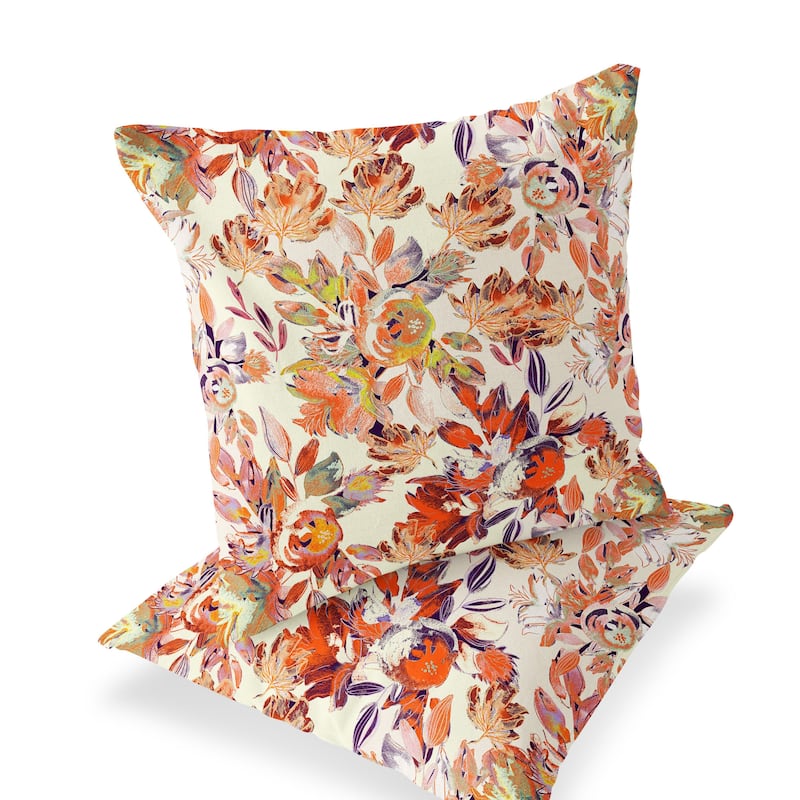 HomeRoots Set of Two 16" X 16" Beige and Red Blown Seam Floral Indoor Outdoor Throw Pillow - 16.00' X '16.00' X '5.00