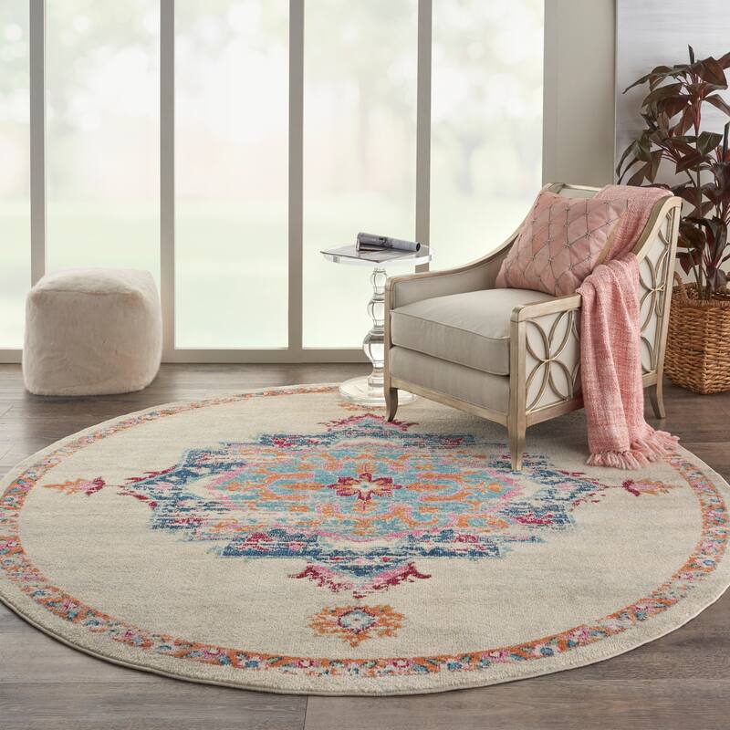 Nourison Cayuga Transitional Ivory/Multi Medallion Area Rug - 8' Round - Ivory/Multi